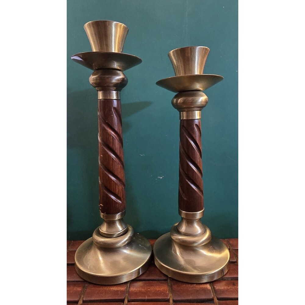 Vintage Asymmetrical Pair of Turned Wood & Pewter Candlestick Holders 12" & 11"